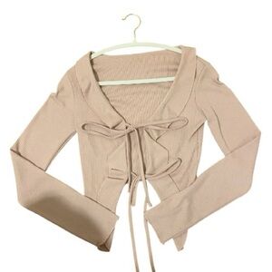 Dazy Salmon Long Sleeve Ribbed Tie-Front Top